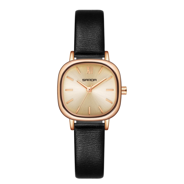 SANDA P1098 Simple Bar Scale Oval Dial Quartz Watch for Women(Belt Black)