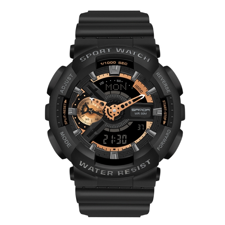 SANDA World Time Luminous Calendar Multifunctional Men Sports Quartz Watch(3110 Black Rose Gold)