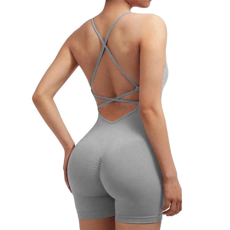 Seamless Sexy Criss Cross Backless Cami Yoga Bodysuit Fitness One-Piece Workout Outfit, Size: M(Light Gray)