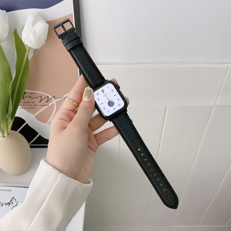 Sewing Thread Lychee Texture Leather Watch Band For Apple Watch Series 9&8&7 41mm / SE 3&SE 2&6&SE&5&4 40mm / 3&2&1 38mm(Black)
