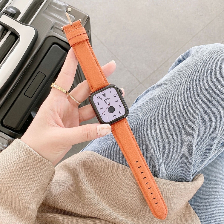 Sewing Thread Lychee Texture Leather Watch Band For Apple Watch Series 9&8&7 41mm / SE 3&SE 2&6&SE&5&4 40mm / 3&2&1 38mm(Orange)