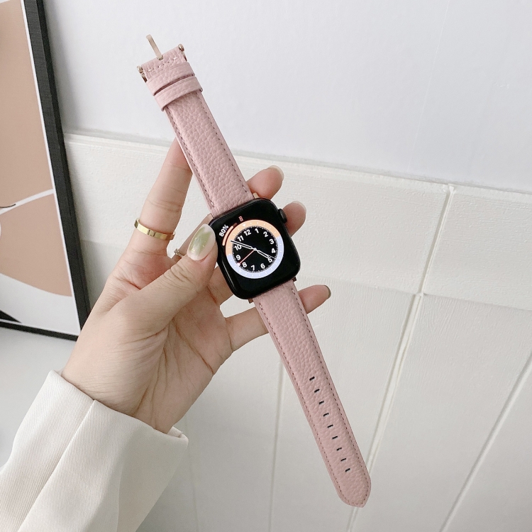 Sewing Thread Lychee Texture Leather Watch Band For Apple Watch Series 9&8&7 41mm / SE 3&SE 2&6&SE&5&4 40mm / 3&2&1 38mm(Pink)