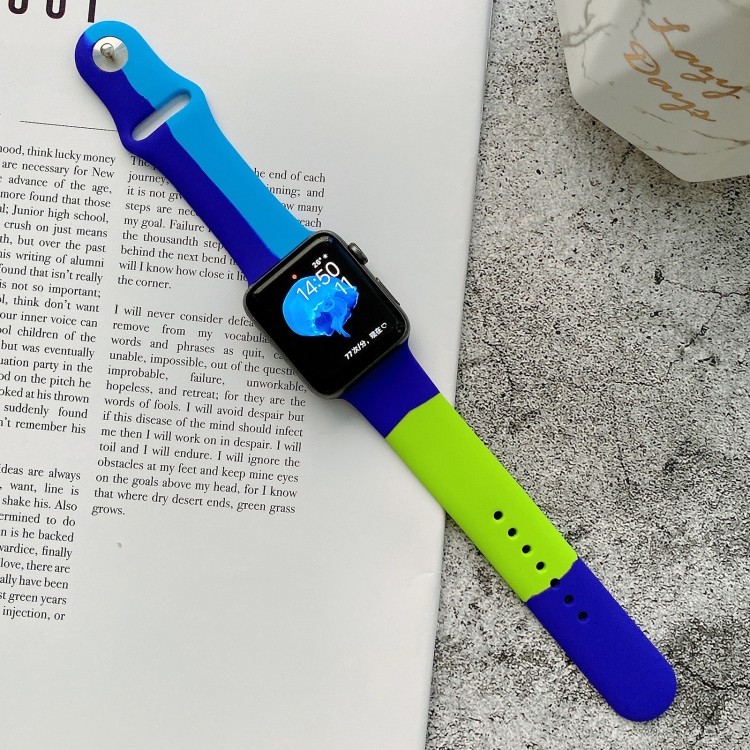 Silicone Color Matching Watch Band For Apple Watch Series 9&8&7 41mm / SE 3&SE 2&6&SE&5&4 40mm / 3&2&1 38mm(Dark Blue + Light Blue + Fluorescent Green)