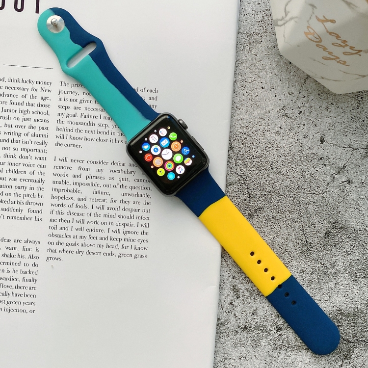 Silicone Color Matching Watch Band For Apple Watch Series 9&8&7 41mm / SE 3&SE 2&6&SE&5&4 40mm / 3&2&1 38mm(Light Blue+Dark Blue+Yellow)