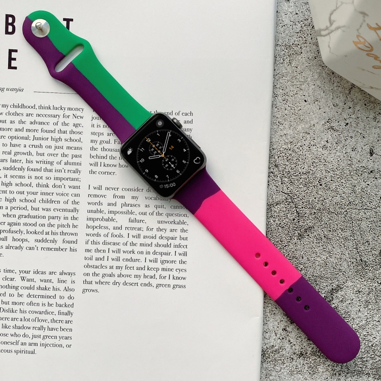 Silicone Color Matching Watch Band For Apple Watch Series 9&8&7 41mm / SE 3&SE 2&6&SE&5&4 40mm / 3&2&1 38mm(Purple + Light Green + Rose Red)