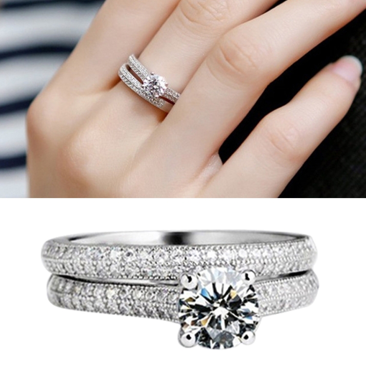 Silver Double Zircon Wedding Rings Set, Ring Size:11