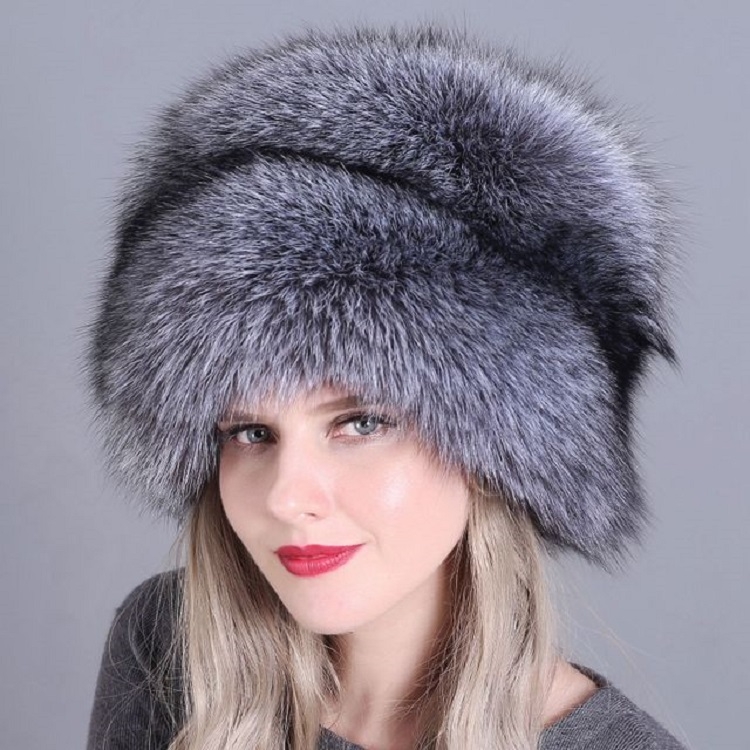 Silver Ladies Winter Thick Warm Fur Bomber Hat with Tail, Size:52-60cm