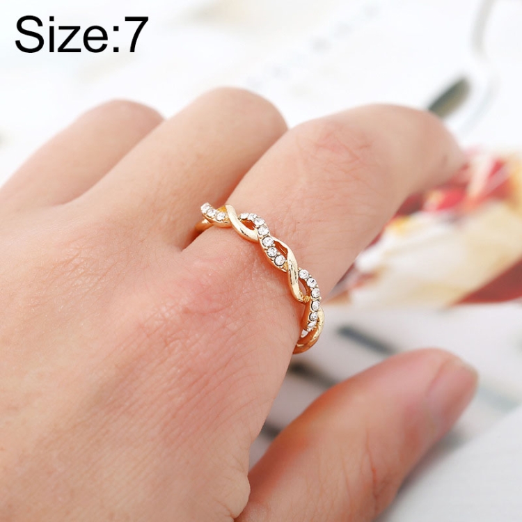 Simple Stylish Ladies Full Rhinestone Twist Modelling Ring(Gold US Size:7)