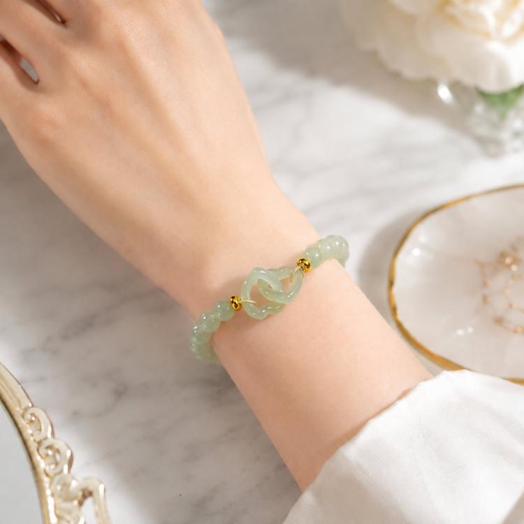 Simulated Jade Beaded Bracelet Elegant Green Glass Gemstone Jewelry Gift For Women(Heart-to-Heart)