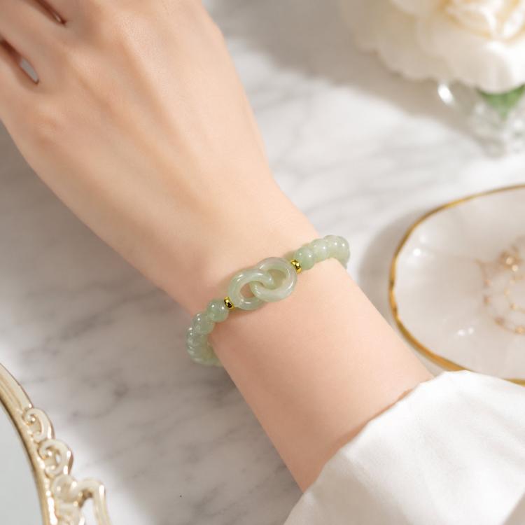 Simulated Jade Beaded Bracelet Elegant Green Glass Gemstone Jewelry Gift For Women(Interlocking Double Loop)