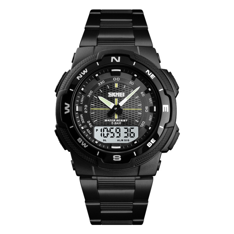 SKMEI 1370 Multifunctional Men Outdoor Sports Noctilucent Waterproof Stainless Steel Digital Wrist Watch (Black White)