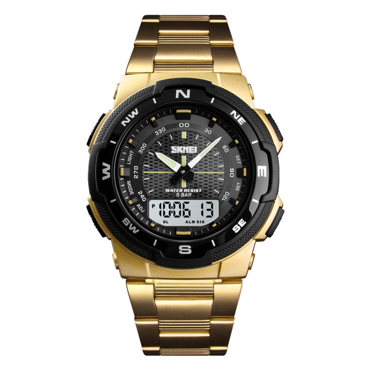 SKMEI 1370 Multifunctional Men Outdoor Sports Noctilucent Waterproof Stainless Steel Digital Wrist Watch (Gold)
