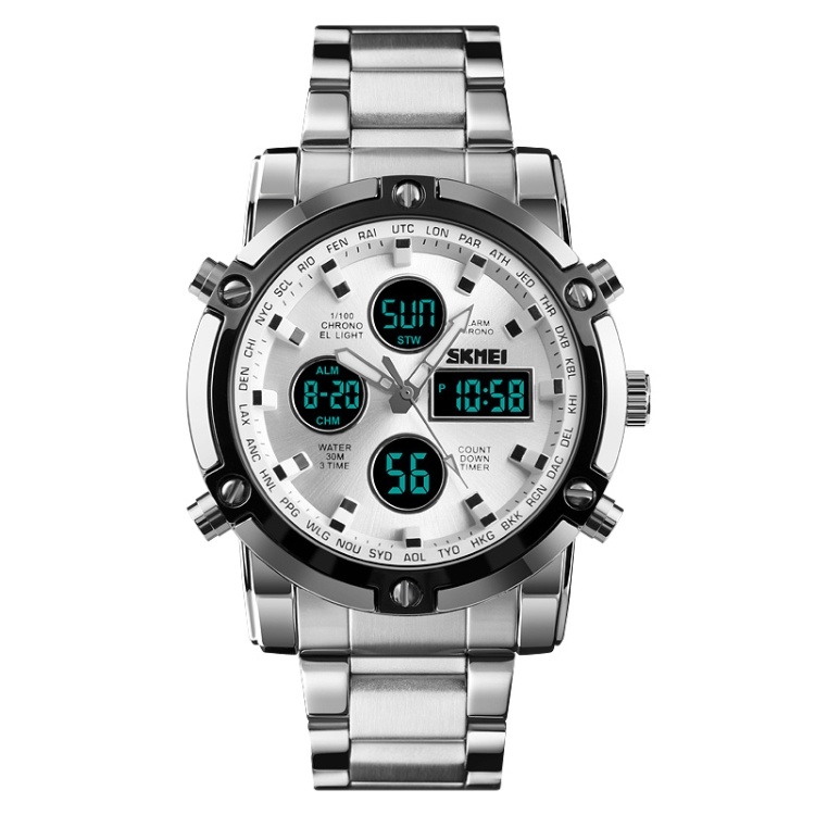 SKMEI 1389 Multifunctional Men Business Digital Watch 30m Waterproof Large Dial Wrist Watch with Stainless Steel Watchband (Silver)