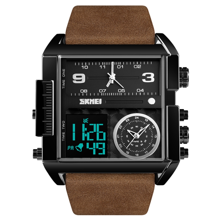SKMEI 1391 Multifunctional Men Business Digital Watch 30m Waterproof Square Dial Wrist Watch with Leather Watchband(Black+Coffee)