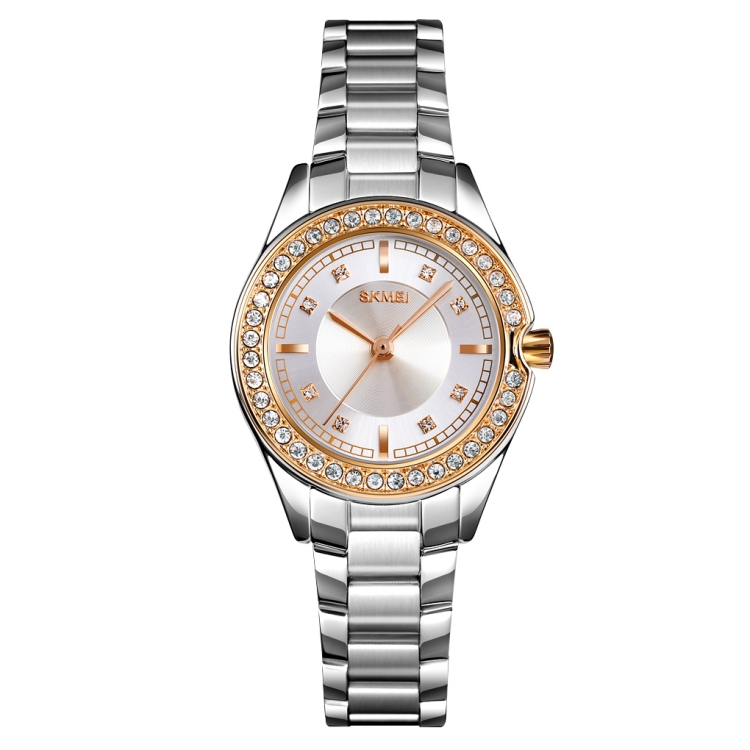 SKMEI 1534 elegant waterproof quartz steel band watch with diamond inlay(Silver Gold)