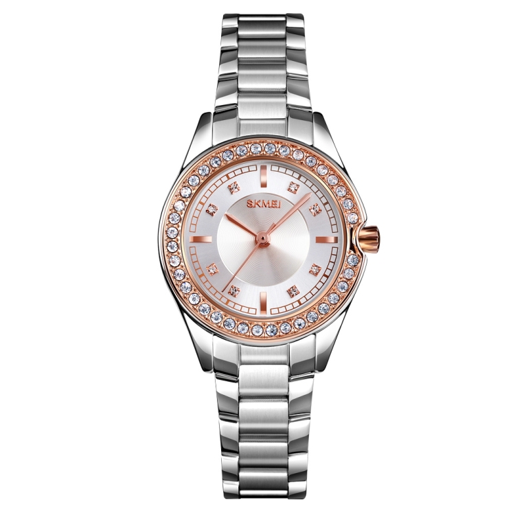 SKMEI 1534 elegant waterproof quartz steel band watch with diamond inlay(Silver Rose Gold)