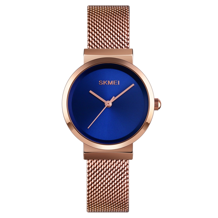Skmei 1595 Fashion Elegant Scale Free Steel Mesh Belt Women's Watch Waterproof Business Student Quartz Watch Female(Rose Gold Blue)