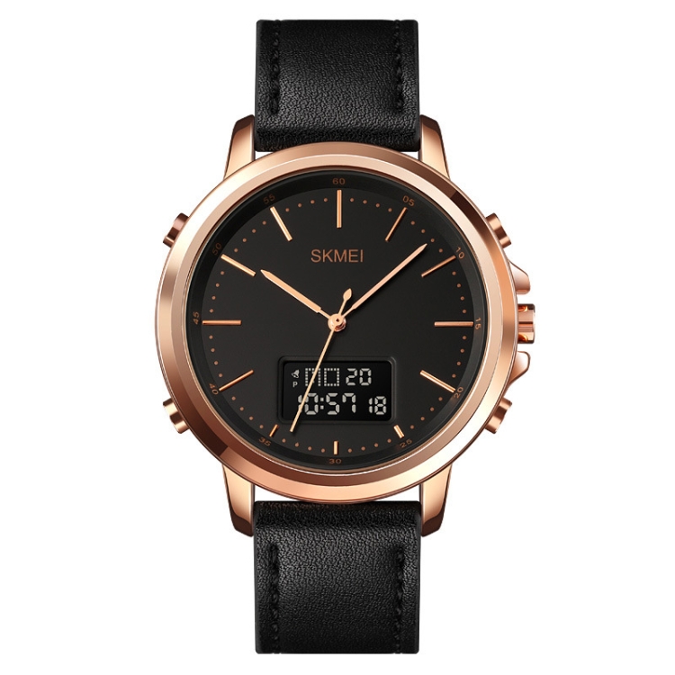 SKMEI 1652 Dual Movement Sports Leather Alloy Male Watch, Color: Rose Gold Shell Black Machine