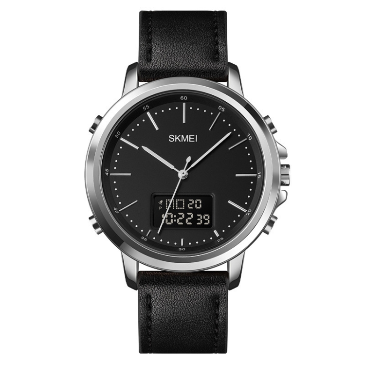 SKMEI 1652 Dual Movement Sports Leather Alloy Male Watch, Color: Silver Shell Black Machine