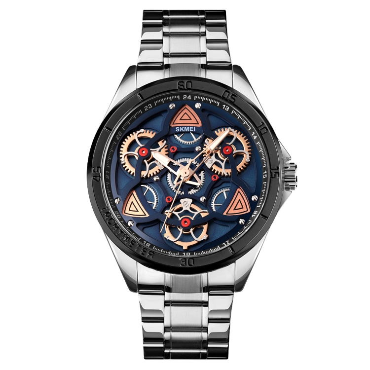 SKMEI 1678 Men Waterproof Quartz Watch with Rotatable Gear Dial(Silver Shell Blue Surface)