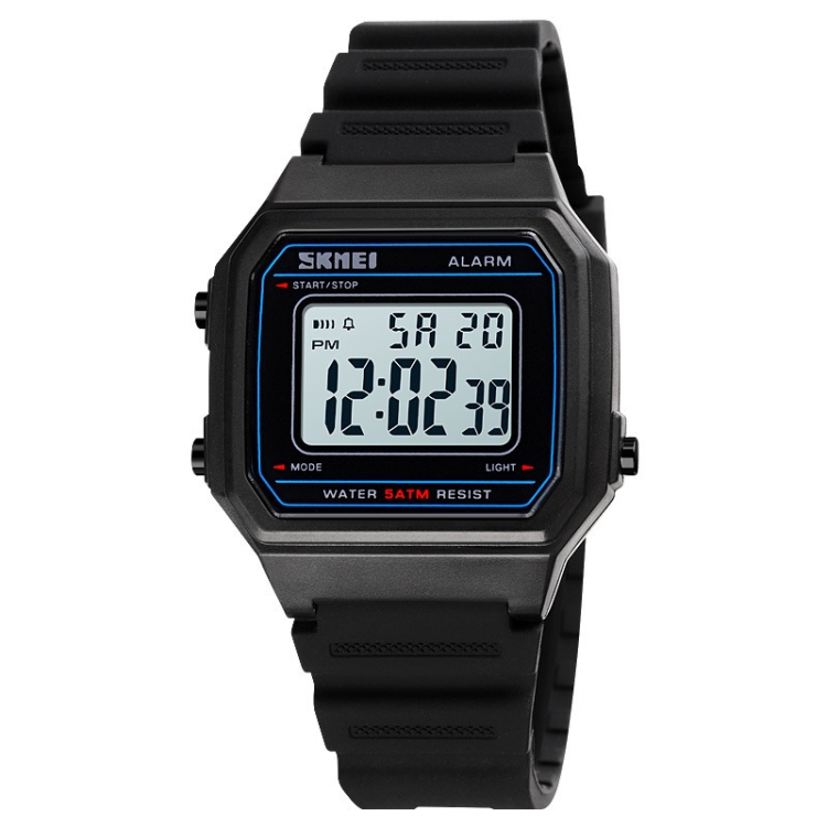SKMEI 1698 50m Waterproof Multifunctional Sports Square Pin Buckle Luminous Digital Watch(Black White)