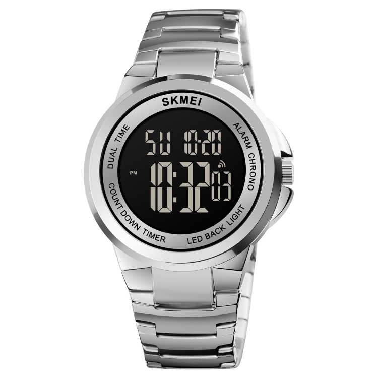 SKMEI 1712 Dual Time LED Digital Display Luminous Stainless Steel Strap Electronic Watch(Silver and Black)
