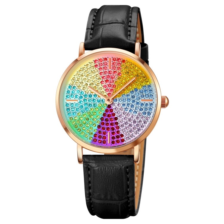 SKMEI 1811 Eight Color Diamond Round Dial Quartz Watch for Ladies(Black Leather Belt)