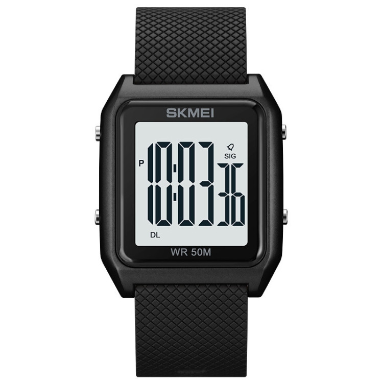 SKMEI 1866 Square Large Screen Men Steel Belt Multi-function Night Light Alarm Clock Watch(Black White Machine)