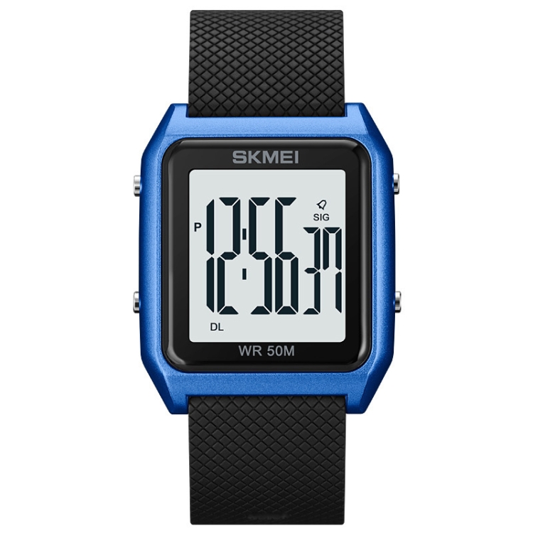 SKMEI 1866 Square Large Screen Men Steel Belt Multi-function Night Light Alarm Clock Watch(Blue White Machine)