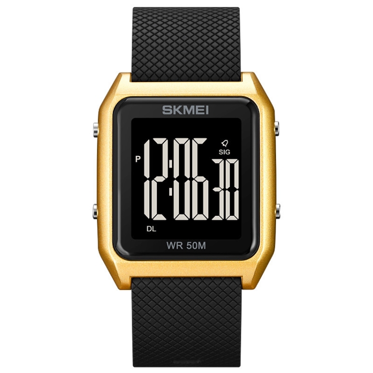 SKMEI 1866 Square Large Screen Men Steel Belt Multi-function Night Light Alarm Clock Watch(Gold Black Machine)