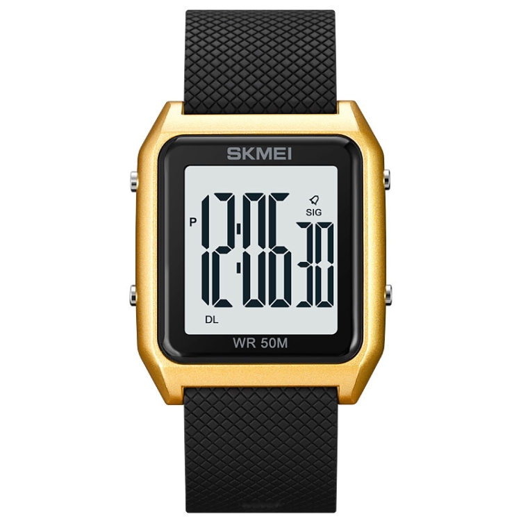 SKMEI 1866 Square Large Screen Men Steel Belt Multi-function Night Light Alarm Clock Watch(Gold White Machine)