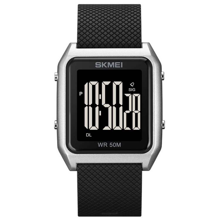SKMEI 1866 Square Large Screen Men Steel Belt Multi-function Night Light Alarm Clock Watch(Silver Black Machine)