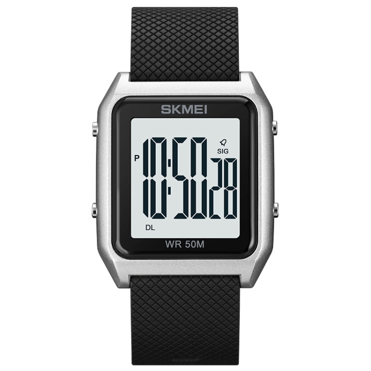 SKMEI 1866 Square Large Screen Men Steel Belt Multi-function Night Light Alarm Clock Watch(Silver White Machine)