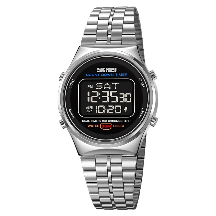 SKMEI 1882 Multifunctional Men 30M Waterproof Luminous Stainless Steel Digital Wrist Watch(Silver Black)