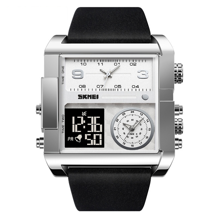 SKMEI 2020 Square Large Dial Triple Movement Men Sports Watch(Silver Shell Black Belt Black Machine)