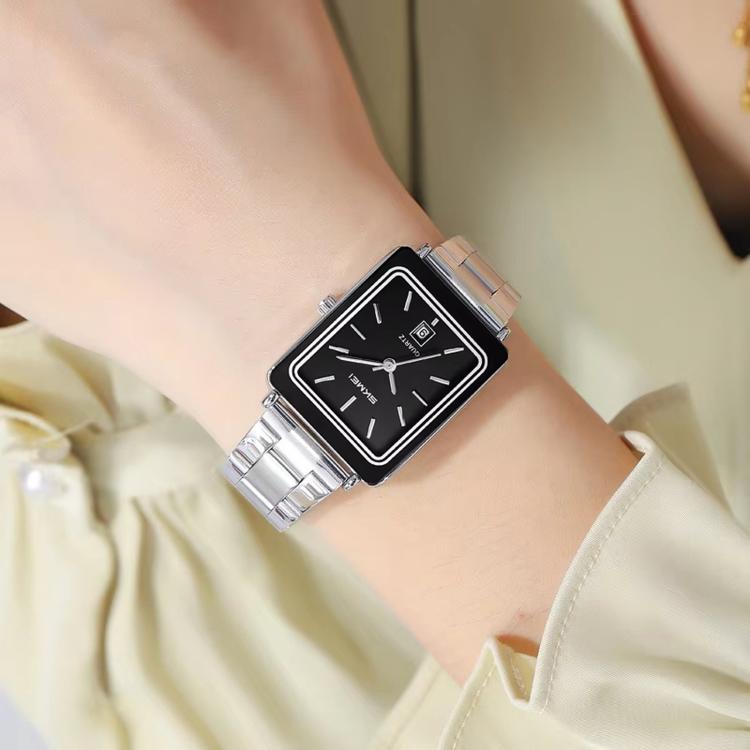 SKMEI 2566 Women Vintage Steel-Strap Business Watch 30m Water-Resistant Daily-Use Calendar Quartz Watch(Silver Case Black Dial)