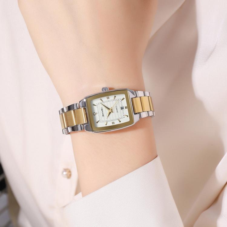 SKMEI 2578 Women Stainless Steel Business Watch Vintage Square 30m Life Water-Resistant Quartz Watch(Silver Gold)