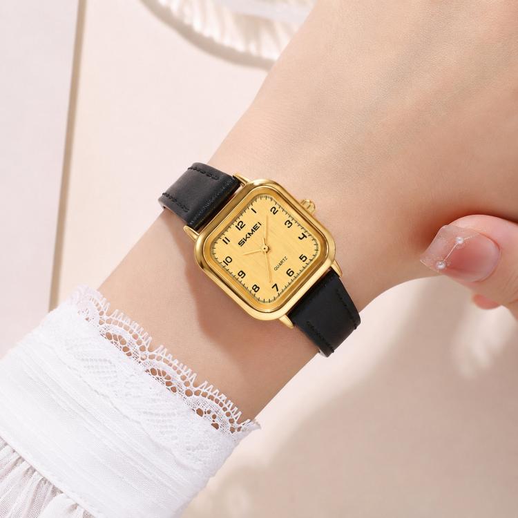 SKMEI 2579 Square Ladies Quartz Watch Leather Strap Watch(Gold Case Black Strap)