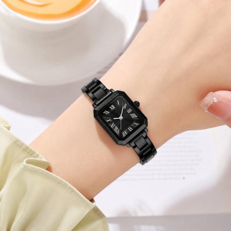 SKMEI 2582 Elegant Ladies Square Watch Stainless Steel Strap 30m Life Waterproof Quartz Watch(Black Case Black Dial)