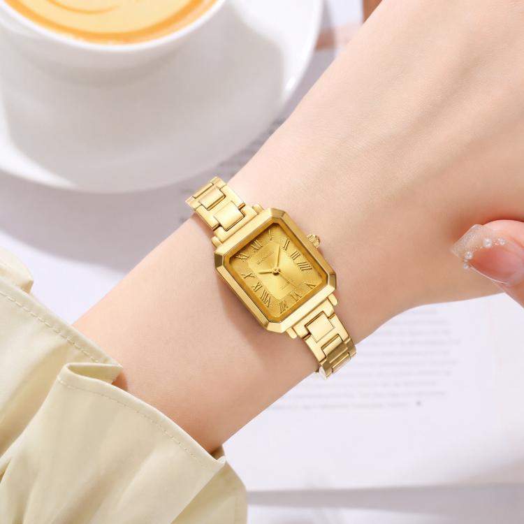 SKMEI 2582 Elegant Ladies Square Watch Stainless Steel Strap 30m Life Waterproof Quartz Watch(Gold Case Gold Dial)