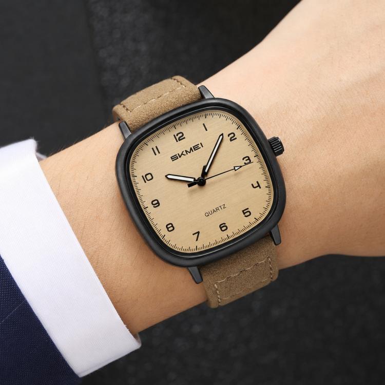 SKMEI 2586 Men Square Quartz Watch Retro Minimalist Leather Strap Timepiece(Black Case Apricot Strap)