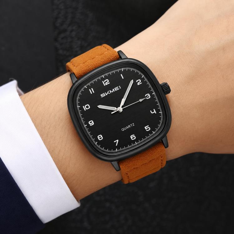 SKMEI 2586 Men Square Quartz Watch Retro Minimalist Leather Strap Timepiece(Black Case Brown Strap)