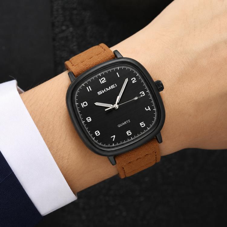 SKMEI 2586 Men Square Quartz Watch Retro Minimalist Leather Strap Timepiece(Black Case Coffee Strap)