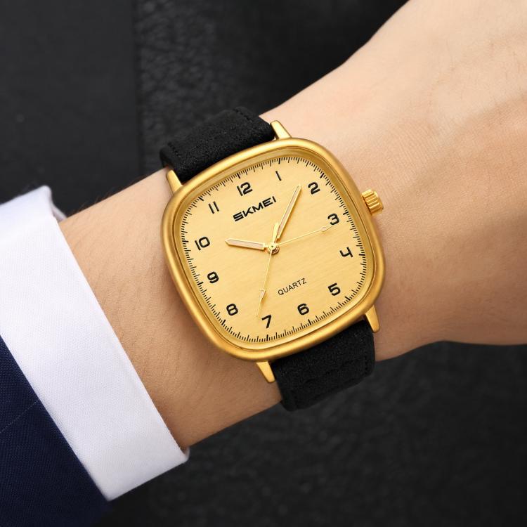 SKMEI 2586 Men Square Quartz Watch Retro Minimalist Leather Strap Timepiece(Gold Case Black Strap)