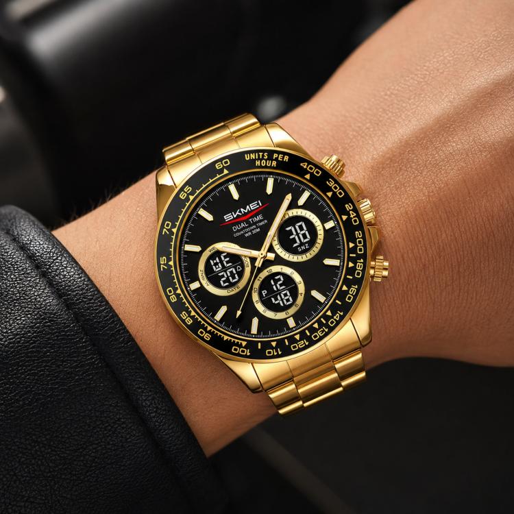 SKMEI 2587 Men Stainless Steel Strap Triple-Dial Chronograph 30M Life Waterproof Digital Watch(Gold Case Black Dial)