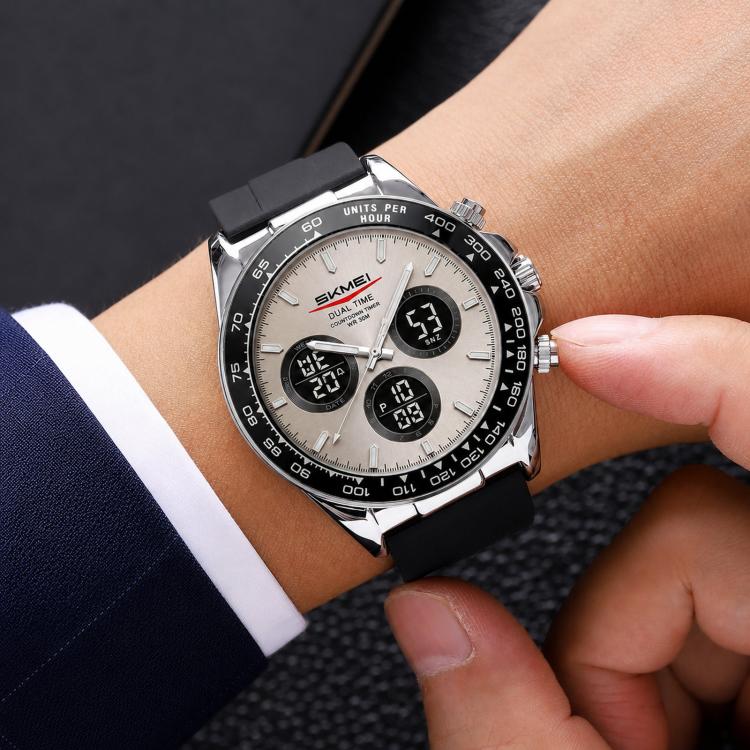 SKMEI 2588 Men Business Silicone Strap Watch Multifunctional Luminous 30m Life Waterproof Digital Watch(Silver Case Gray Dial)