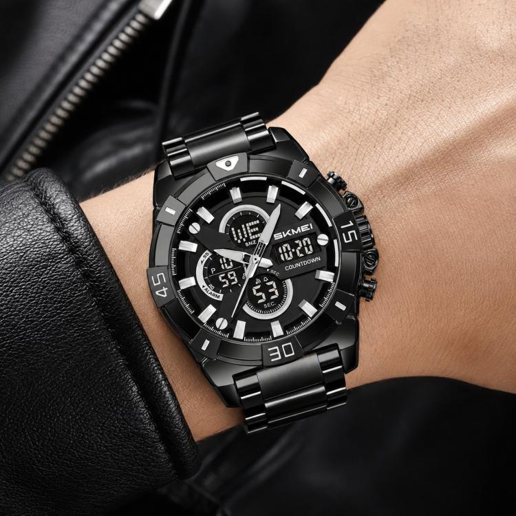 SKMEI 2593 Men Dual-Display Sports Watch Stainless Steel Strap Luminous 30M Life Water-Resistant Watch(Black)
