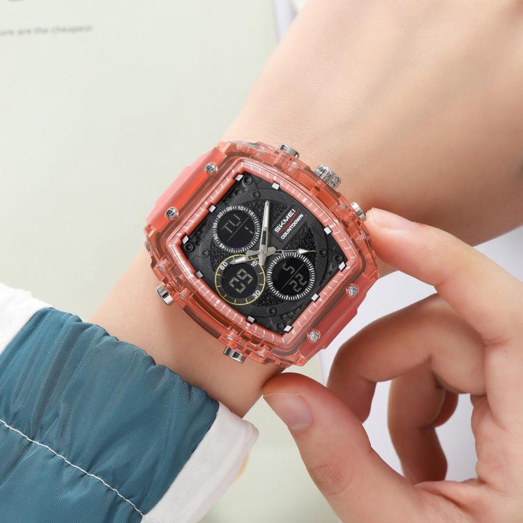 SKMEI 2602 Multifunctional Dual-Display Sports Watch 50m Life Water-Resistant Chronograph Luminous Outdoor Digital Watch(Transparent Red)