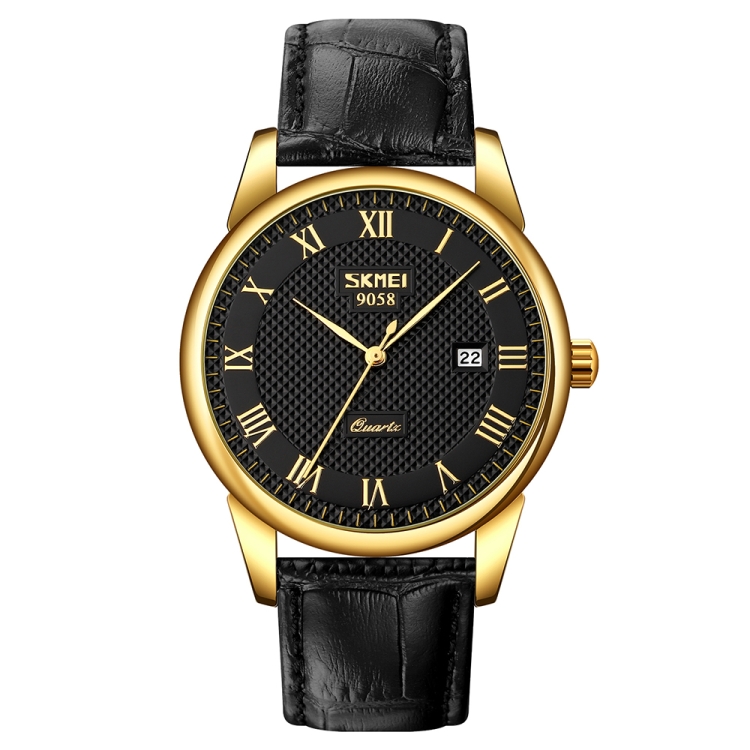 SKMEI 9058 Multifunctional Outdoor Fashion Waterproof Gold Shell Quartz Wrist Watch(Men Style Black Face Black Strap)