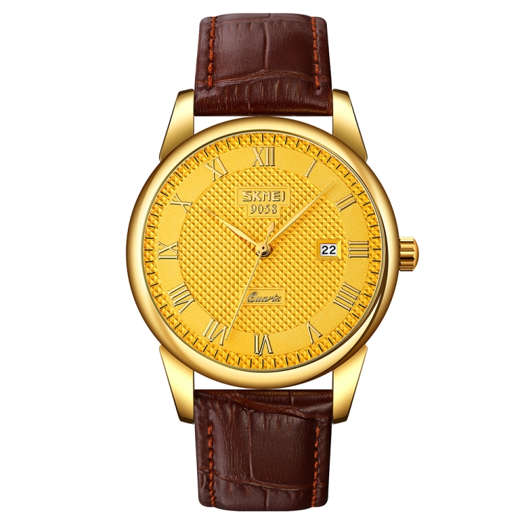 SKMEI 9058 Multifunctional Outdoor Fashion Waterproof Gold Shell Quartz Wrist Watch(Men Style Gold Face Brown Strap)